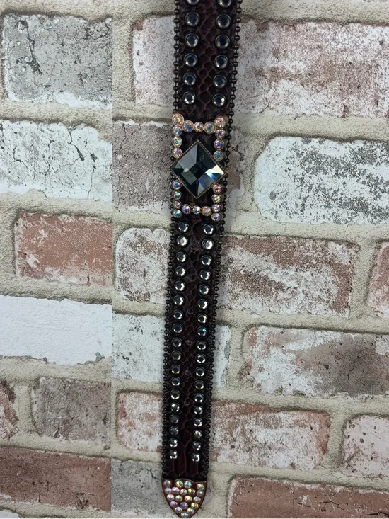 Nocona N3417002 Brown Calf Hair Leather Studded Iridescent Rhinestone Belt Large - Picture 9 of 12